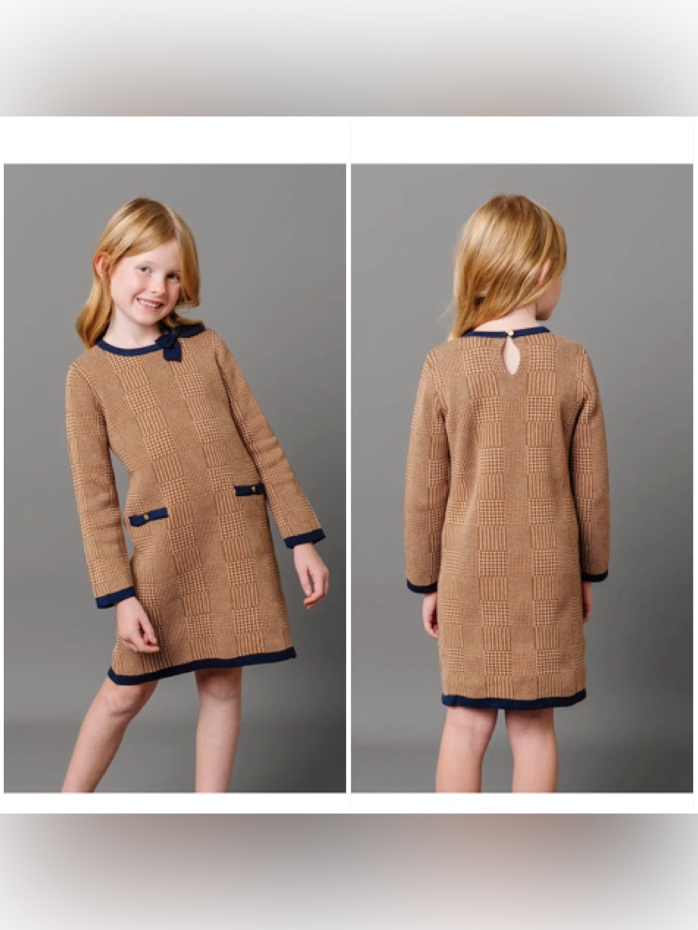 Hope & Henry Organic Cotton Bow Sweater Dress Girls 8 Brown Navy Plaid GOTS